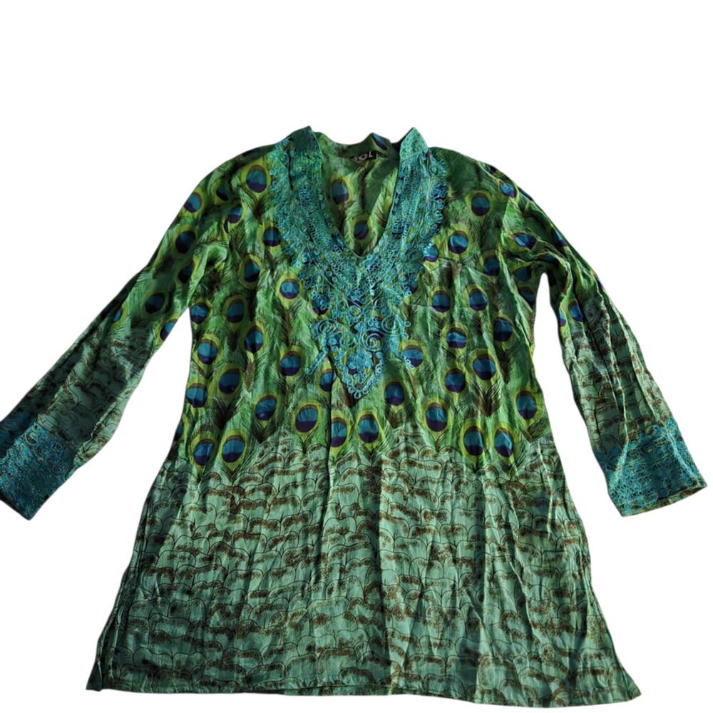 Sol women's XL Cotton Peacock tunic blouse colorful